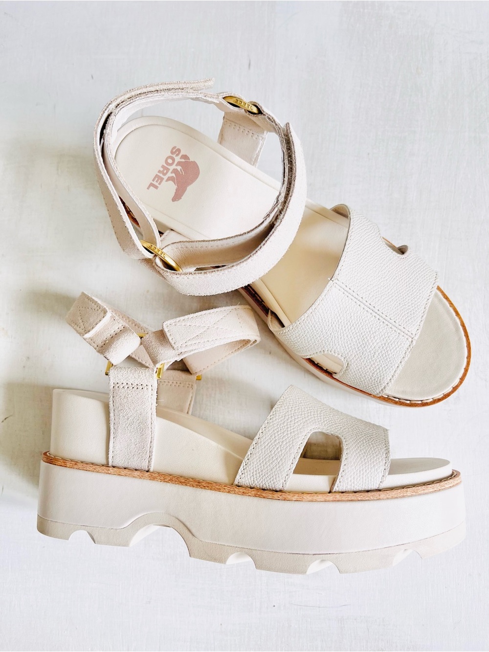 [Sorel] Joanie IV “Chalk Chalk” Leather Platform  Wedge Velcro Strap Sandal - Picture 3 of 10